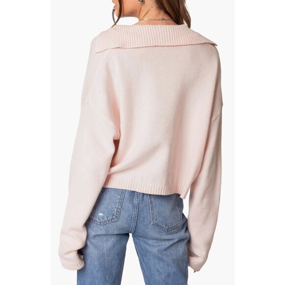 Edikted Marcie  Johnny Collar Light Pink Oversize Crop Sweater - Picture 2 of 6